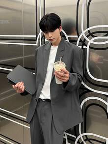 DAZY 男士纯色深灰色西装外套和裤子套装，春秋季 - 深灰色 - 查看 3