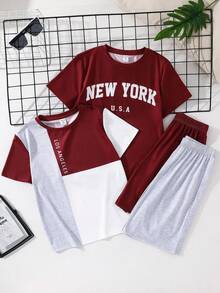 SHEIN Bộ 4 món mua 2 tặng 2 cho bé trai, áo thun ngắn tay cổ tròn dáng rộng in chữ, bộ đồ thể thao, bộ áo thun, bộ màu đỏ, áo cơ bản, quần cơ bản, bộ phong cách Y2K, thích hợp cho mùa xuân/hè, đi chơi, ngày Valentine, hẹn hò, du lịch, kỳ nghỉ, họp mặt gia đình, tựu trường, mùa cưới, sự kiện trang trọng, thể thao, tiệc sinh nhật. - Nhiều màu - Xem 1