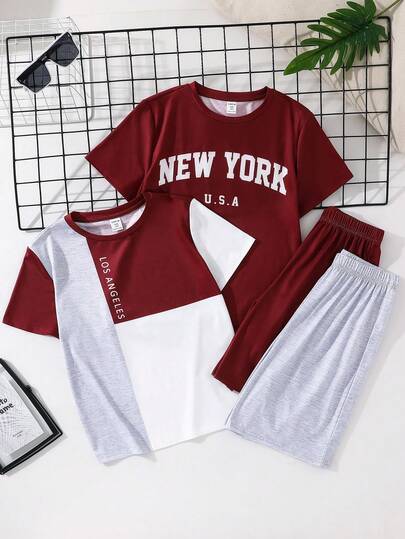 SHEIN 4pcs Buy 2 Get 2 Free Toddler Boys Casual Graphic Letter Print Crew Neck Loose Fit Short Sleeve T-Shirt And Shorts Set, Tracksuit, T-Shirt Set, Red Set, Basic Top, Basic Bottom, Y2K Set, Suitable For Spring/Summer, Outings, Valentine's Day, Dates, Travel, Vacation, Family Gatherings, Back To School, Wedding Season, Formal Events, Sports, Birthday Parties