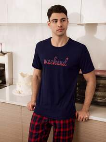 SHEIN Letter Print Casual Round Neck Short Sleeve T-Shirt And Plaid Long Pants Men's Pajama Set