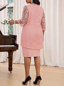 SHEIN Lady 春夏秋冬优雅通勤办公黑色蕾丝针织圆领中长七分袖加大码套装 - 藕粉色 - 查看 2