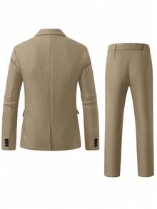 Manfinity Mode Setelan Jas Kasual Bisnis Pria Warna Khaki, Kain Bertekstur, Pakaian Formal untuk Pernikahan, Gaya Klasik Musim Gugur untuk Kerja, Perjalanan, Hadiah untuk Pacar/Suami, 2 Potong - Khaki - View 2