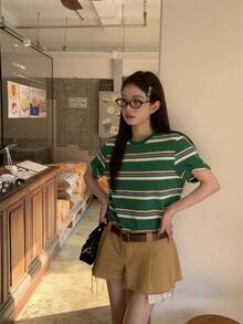 K-Vae Women's Green Striped Round Neck Short Sleeve T-Shirt - Green - View 5