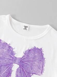 Sparklyn 2 件女童休闲蝴蝶结 T 恤和牛仔裤套装，适合日常穿着和通勤 - 彩色 - 查看 3