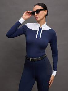 Activina Women's Contrast Zipper Design Long Sleeve Equestrian Top - Blue - View 3