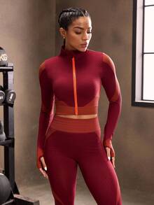 Powerista Women's Contrast Color Zip-Up Cropped Sports Jacket, Autumn/Winter - Red - View 3