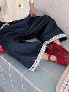 DAZY Toddler Girls' Lace Patchwork Loose Casual Wide Leg Washed Denim - Dark Wash - View 3
