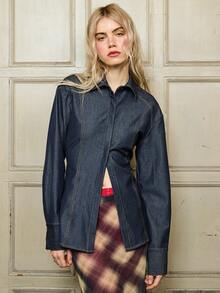 COUREZ 长袖修身PVL衬衫/Y2K春季女装蓝色衬衫可爱性感外出穿搭优雅上衣夏季穿搭夏季衬衫 - 藍色 - 查看 2