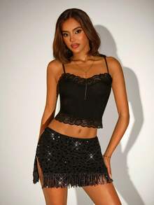 SHEIN ICON Women's Fashionable Sequin Sexy Bodycon Tassel Decorated Mini Skirt ,Solid Color Sequin Going Out Embellished Bodycon Y3k Party Mini Skirt - Black - View 6