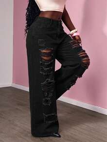 Slaydiva Damen Jeans in Große Größen mit Destroyed-Effekt - Schwarz - Übersicht 2