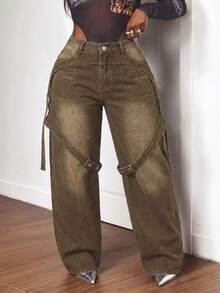 Slaydiva Plus Size Fashion Pocketed Straight Leg Loose Fit Jeans - Brown - View 2