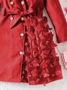 优雅少女外套，翻领，长袖，腰带，左侧蝴蝶网纱设计，迷人可爱 - 紅色 - 查看 7