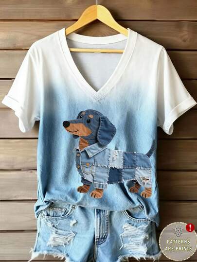 EMERY ROSE New V-Neck Casual Ombre Print Short Sleeve T-Shirt