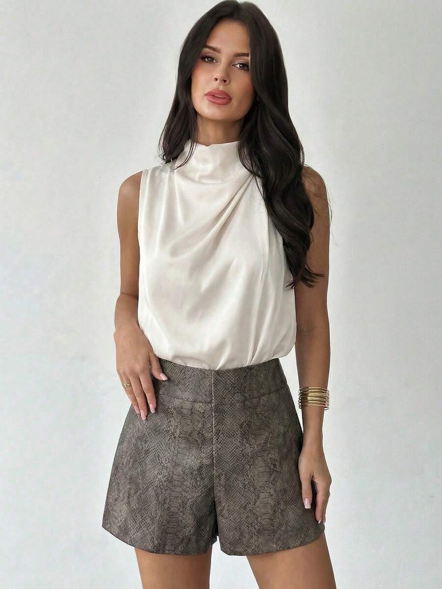 Firerie Women's Elegant Everyday Office Commute Shorts, Brown Snake Print PU Fitted Shorts, New Autumn/Winter Women's Apparel, Brown Shorts, Elegant Shorts For Party & Gathering, Spring Women - Brown - View 1