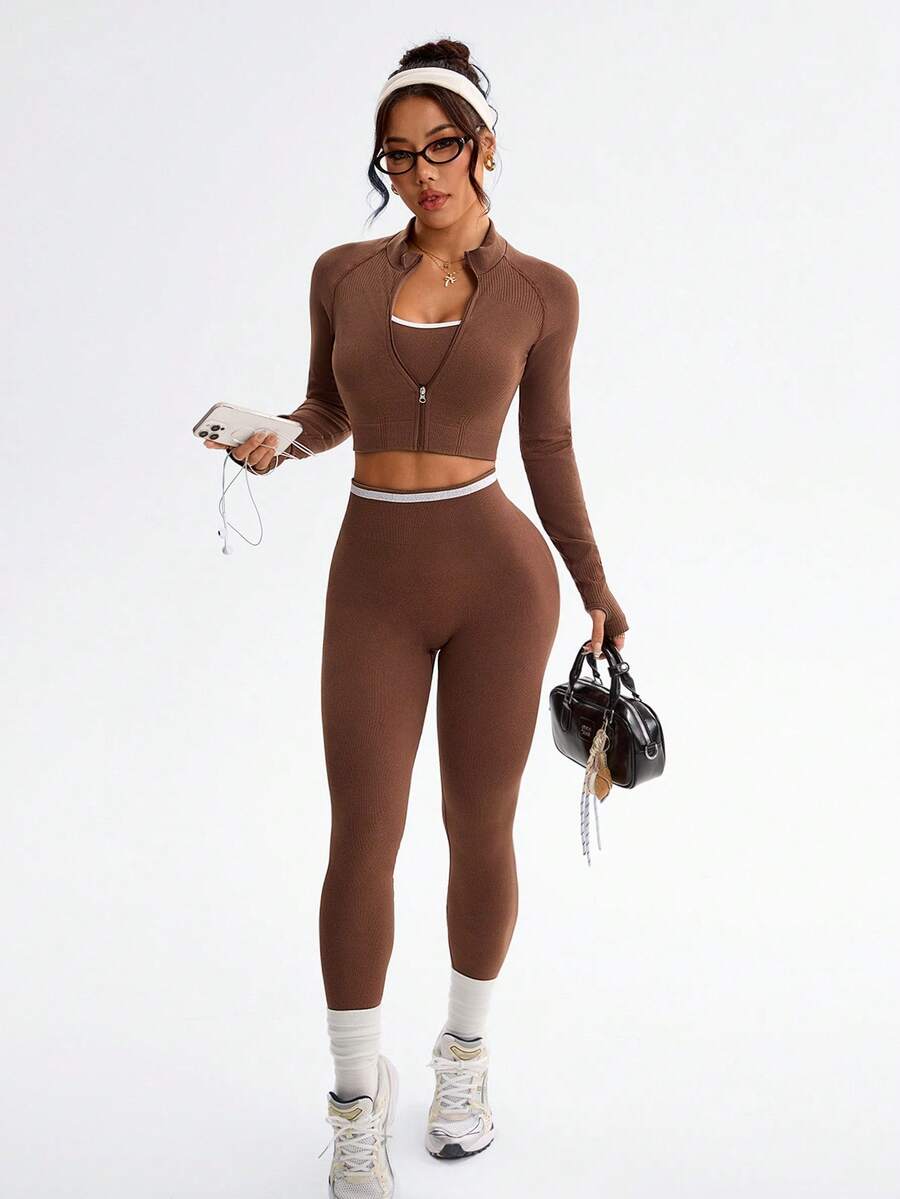 Dewbera Cropped Tank Top And Leggings Jacket Sports Suit - Brown - View 1