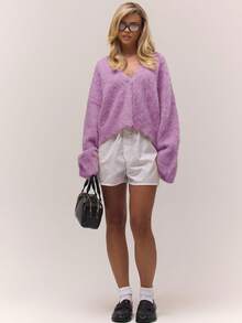 MUSERA Women Deep Purple Fuzzy Knit Loose Relaxed V Neck Button Down Cardigan,Autumn Casual Brunch Old Money Cottage Core Back To School Valentines Spring - Mauve Purple - View 5