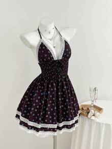 Elamini Đầm ngắn nữ kiểu dáng thường ngày họa tiết hoa nhí, phối ren, xếp ly, thắt eo, cổ nơ, thích hợp cho mùa xuân/hè. - Nhiều màu - Xem 5