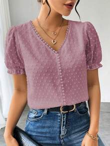 Elenzga Blusa de mujer con cuello en V, mangas abullonadas y detalle de volantes con lunares de estilo francés y unicolor - Morado - Ver 1