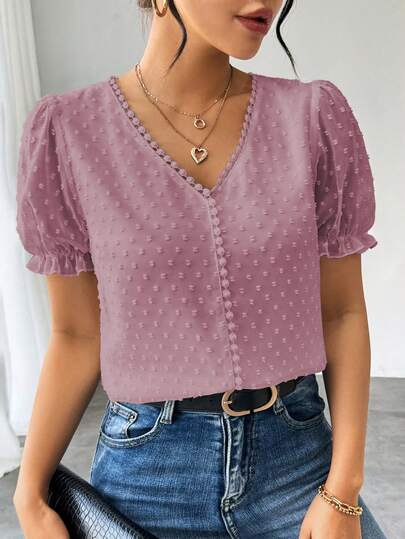 Elenzga Women's French Style Solid Color Swiss Dot Ruffle Detail V-Neck Puff Sleeve Blouse