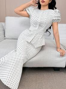 Modelyn 女士优雅通勤波点印花衬衫和半裙两件套 - 彩色 - 查看 6