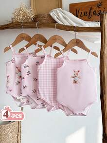 SHEIN Vintaside Kids 4pcs Baby Girls' Casual Cute Rabbit & Bear Pattern Bodysuit, Suitable For Spring/Summer, Daily Wear - Pink - View 1
