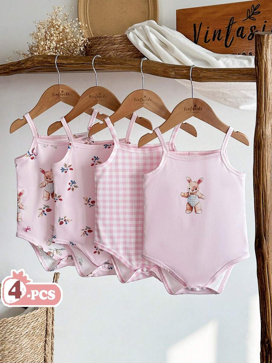 SHEIN Vintaside Kids 4pcs Baby Girls' Casual Cute Rabbit & Bear Pattern Bodysuit, Suitable For Spring/Summer, Daily Wear - Pink - View 1