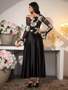 Modelyn 女士秋季棕色性感斜领网纱刺绣长袖高腰A字连衣裙 - 黑色 - 查看 4