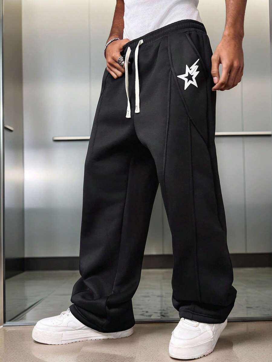 Manfinity Roghcode Aesthetic Post--Men's Pentagram Print Drawstring Waist Loose Fit Sweatpants - Black - View 1