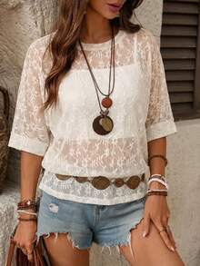 SHEIN LUNE Áo thun nữ tay ngắn dáng rộng, chất liệu ren, kiểu dáng thường ngày, phù hợp cho mùa hè, kỳ nghỉ, đi làm và mặc hàng ngày. - Màu be - Xem 4