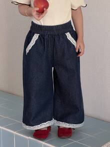 DAZY Toddler Girls' Lace Patchwork Loose Casual Wide Leg Washed Denim - Dark Wash - View 1