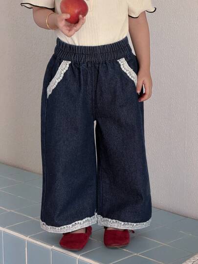 DAZY Toddler Girls' Lace Patchwork Loose Casual Wide Leg Washed Denim