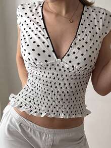 SHEIN EZwear 女士褶皱波点印花T恤，夏季 - 黑與白 - 查看 6