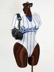 Mistrie 女士休闲时尚街头风条纹字母印花V领连体衣，夏季 - 白色 - 查看 4