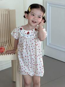 DAZY 女婴草莓印花圆领短袖可爱连体衣 - 白色 - 查看 9