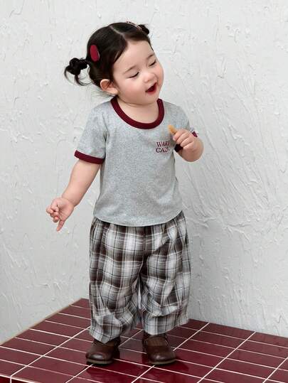 DAZY 女童圆领撞色休闲短袖上衣，夏季