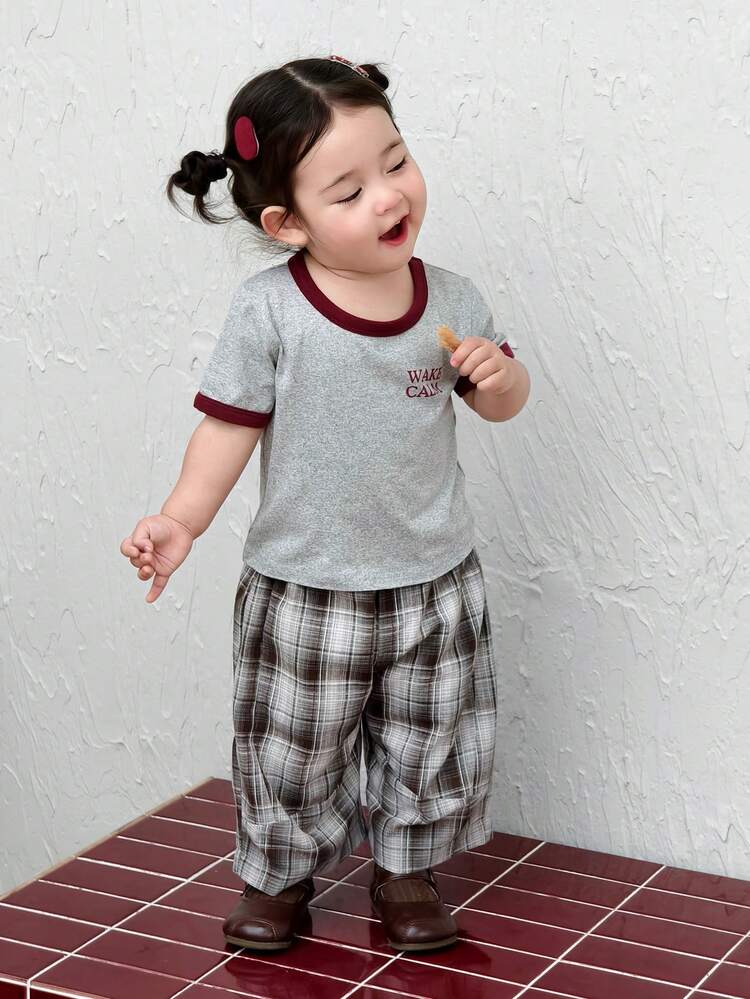 Toddler Girls' Round Neck Contrast Color Casual Short Sleeve Top, Summer