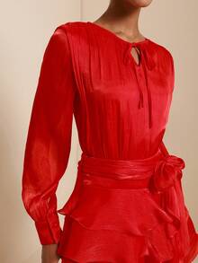 SHEIN Veneréa Women's Elegant 2-Piece Set: Red Shiny Tie Collar Long Sleeve Blouse And Waist Tie Cake Skirt - Red - View 3