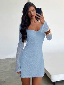 Aloruh Women's Elegant Square Neck Ruched Flare Sleeve Fitted A-Line Mini Dress, Textured Fabric Long Sleeve Blue Dress - Blue - View 6