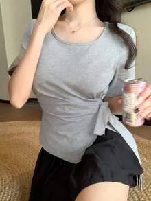 DAZY Áo thun dài tay màu trơn thắt nơ phía trước dành cho nữ, thích hợp cho mùa hè và mùa xuân. - Xám - Xem 6
