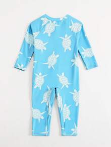SHEIN Đồ bơi cho bé trai, áo tắm liền thân, tay dài và quần dài, có khóa kéo dễ mặc vào và cởi ra, vải dệt kim, họa tiết rùa dễ thương in kỹ thuật số, đồ bơi đi biển cho bé trai. - Màu xanh lam - Xem 2
