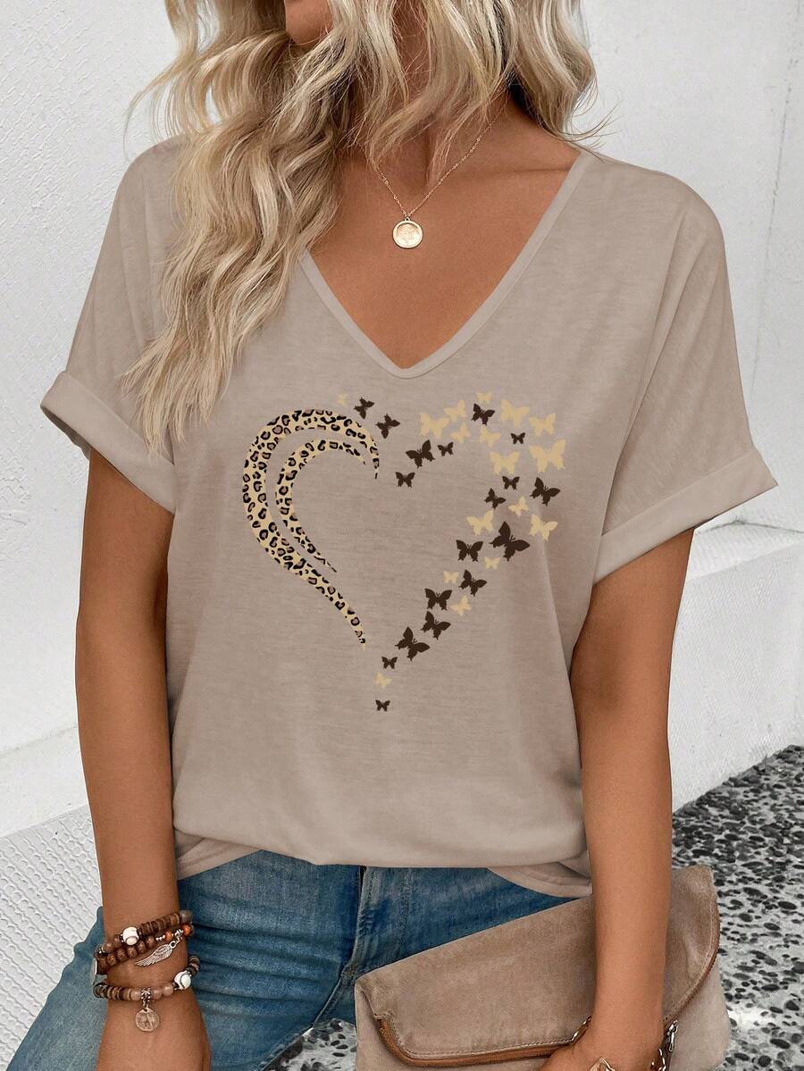 EMERY ROSE Women's New Arrival Spring/Summer Bestselling Leopard Print Heart Graphic T-Shirt - Khaki - View 1