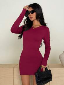 Flirla 女士酒红色情人节休闲性感露背蕾丝拼接蝴蝶结装饰长袖紧身连衣裙 - 酒紅色 - 查看 5