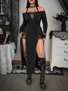 Whyspr Plus Size Women's Fashionable Sexy Halter Neck Slit Tie-Up Dress - Black - View 3