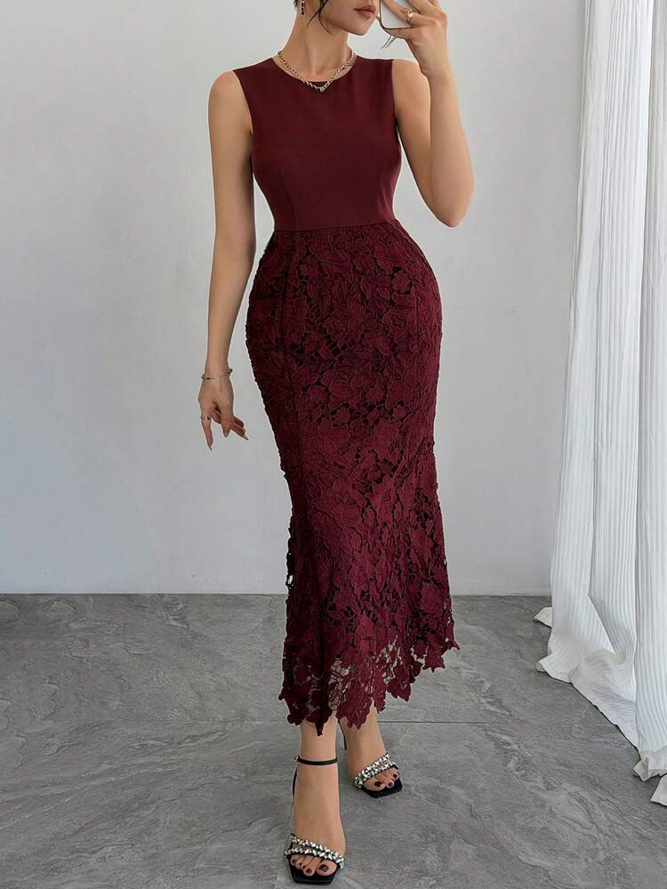 Women's Solid Color Round Neck Contrast Lace Fishtail Hem Elegant Sleeveless Midi Dress Summer Sundress