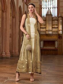 Al Najma Đầm ôm sát không tay cổ yếm dành cho nữ, trang phục kiểu Ả Rập. - Màu be - Xem 7