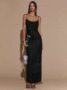 SHEIN BAE 秋季咖啡棕色亮片装饰无袖紧身连衣裙，适合派对、活动、宴会、鸡尾酒会、夜间外出等场合 - 黑色 - 查看 3