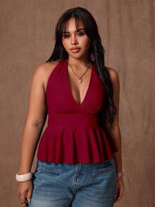 Rustia Áo camisole nữ cỡ lớn kiểu dáng thường ngày, màu trơn, vạt peplum, không lưng, buộc dây phía trước. - Gỗ đỏ - Xem 4