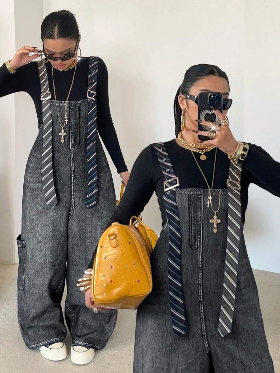 POPSWAY 大码女式牛仔布效果背带条纹撞色大口袋休闲街头风连体裤，适合度假、约会、派对、户外活动