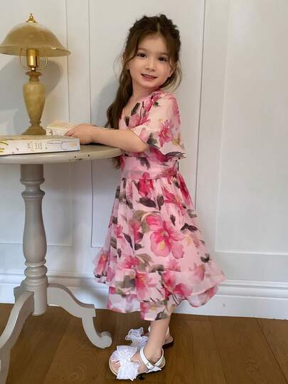 DAZY Young Girls V-Neck Floral Print Short Sleeve Summer Dress