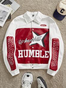 Manfinity Unisex Men's Woven Fashionable Casual Daily Loose Long Sleeve PU Leather Jacket, School, For Fall Winter, Couple Things - Red and White - View 2